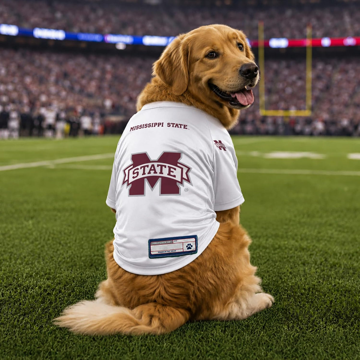 Large size stretch pet jersey on a dog showing the flexible side panels