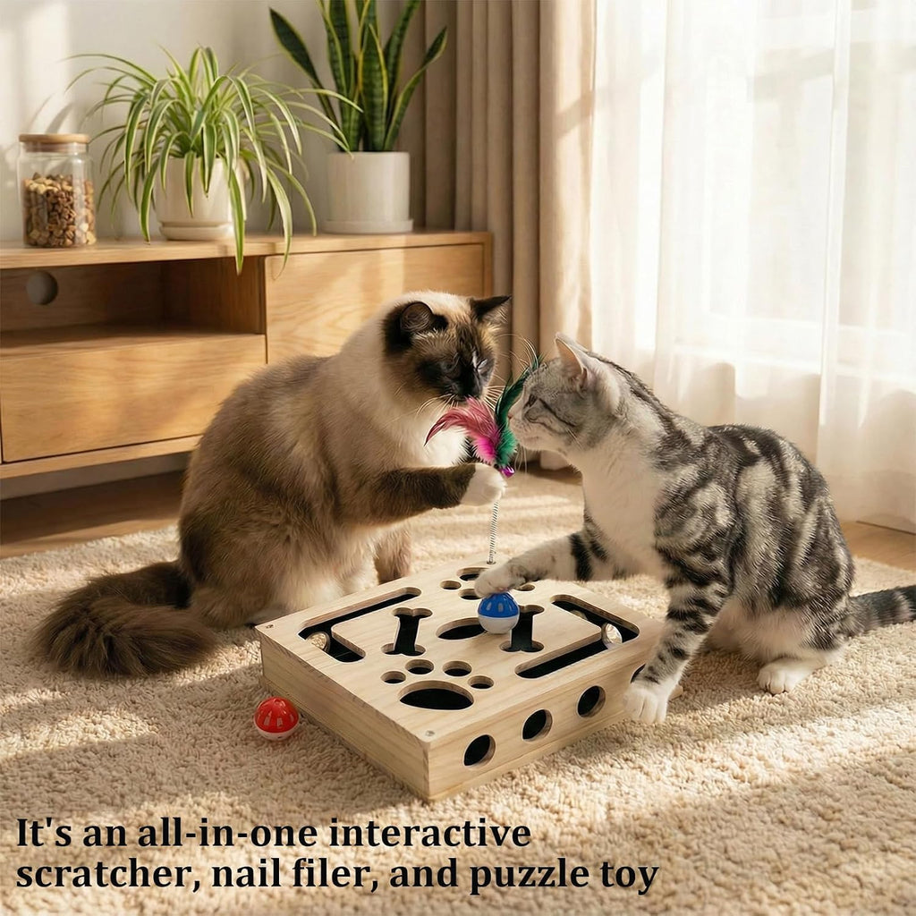 RoadAlchemist natural wood cat scratcher and nail filer assembly highlighting pet-safe construction details.