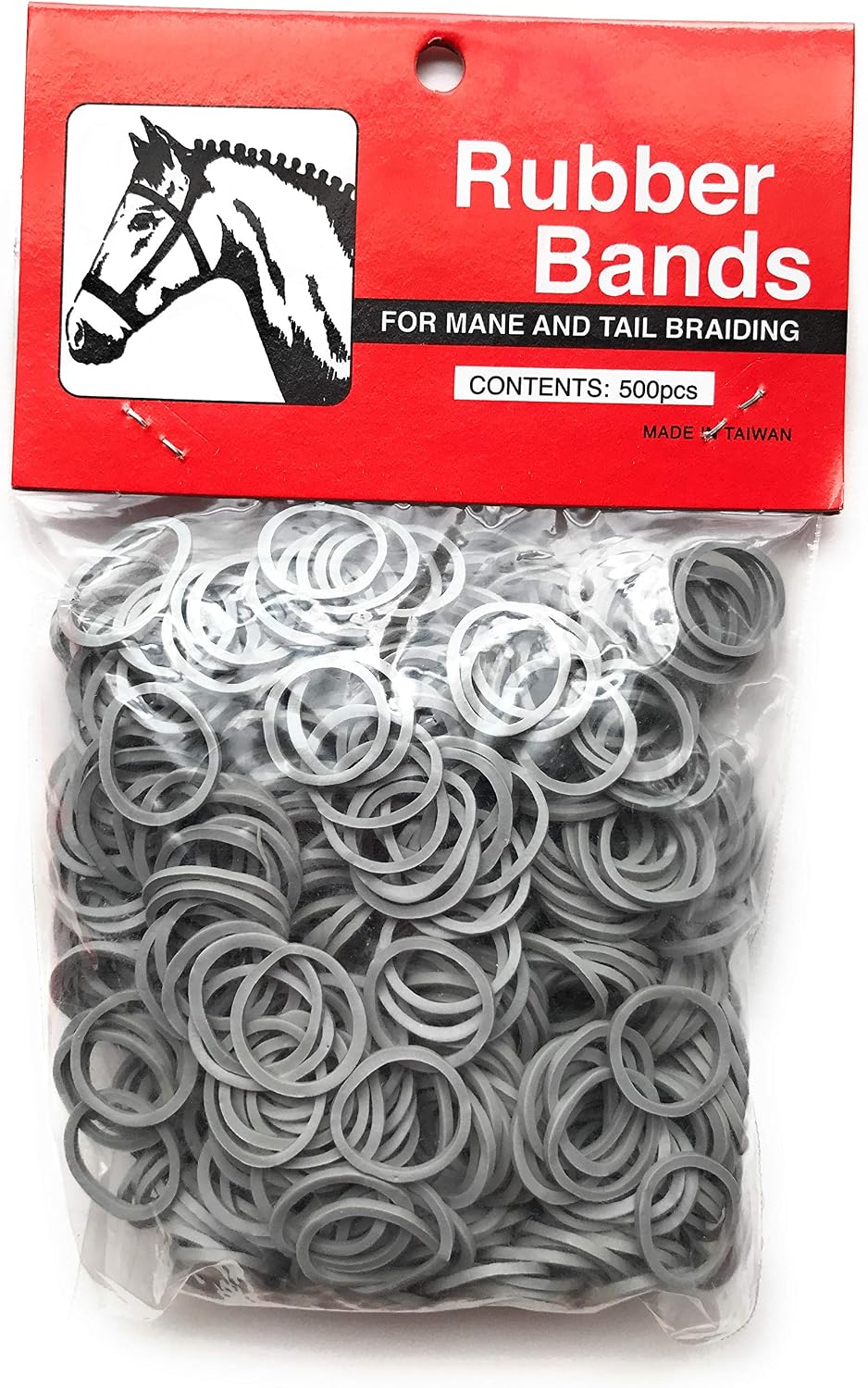 Close up of 500 gray rubber bands for horse mane and tail braiding
