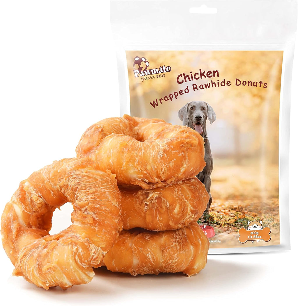 Asmpet Pawmate chicken wrapped rawhide donut rings front view