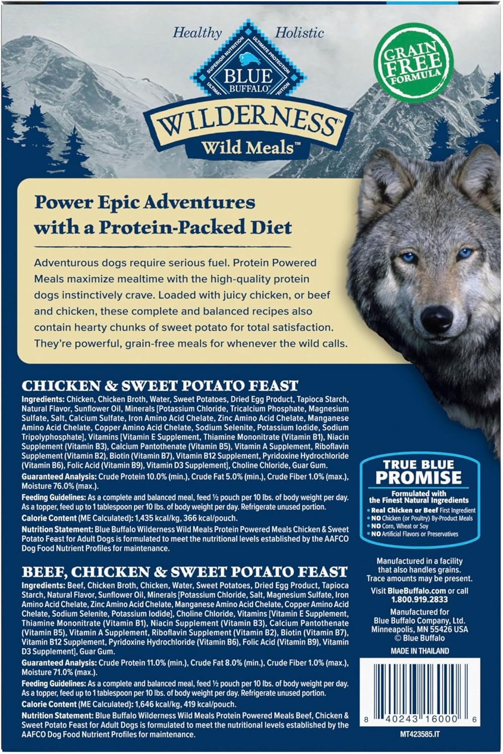 Blue Buffalo Wilderness grain free adult wet dog food pouches in chicken and beef flavors.