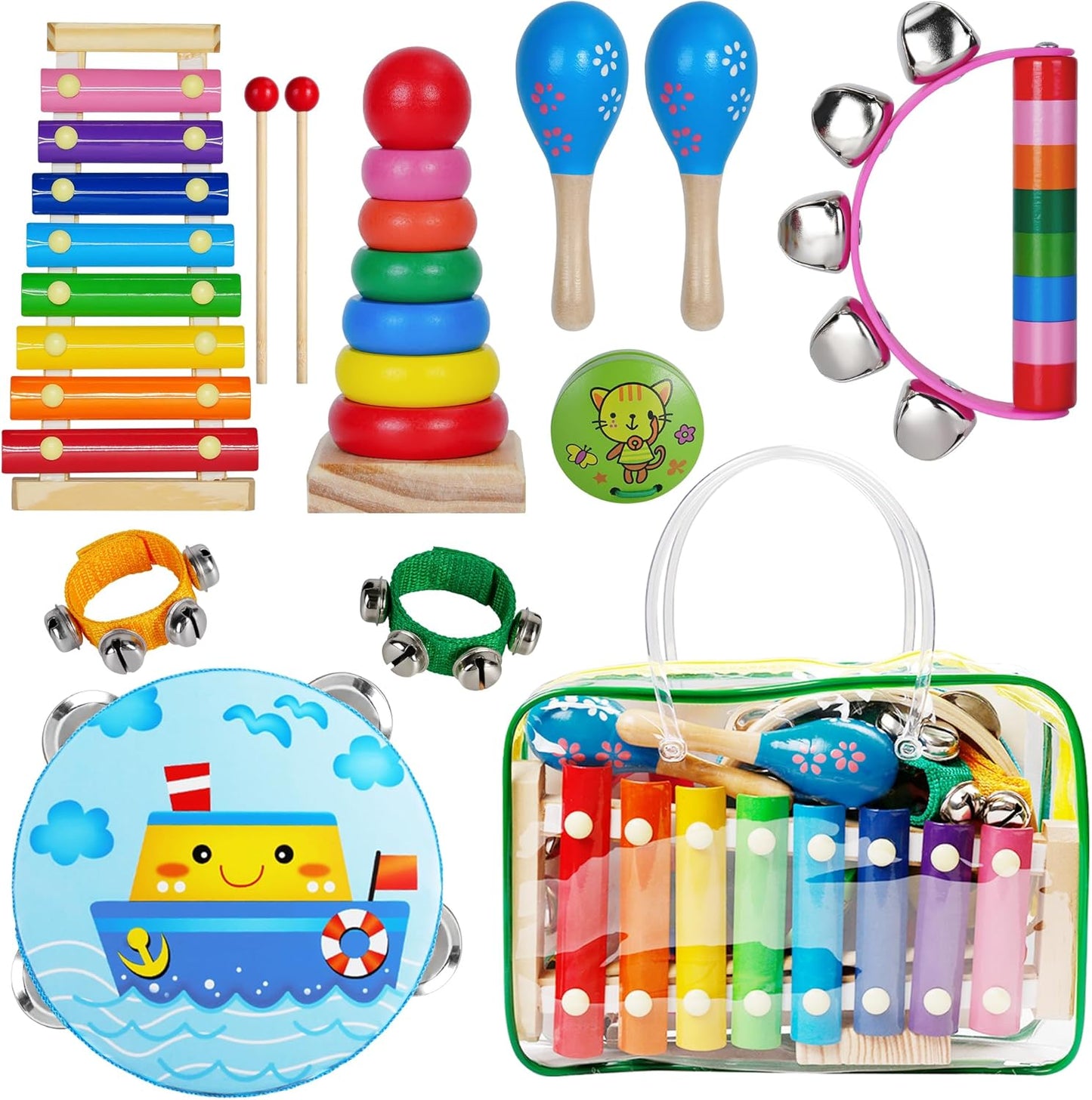 Childom kids musical instruments eleven piece percussion set displayed in front view showing colorful wooden xylophone and maracas