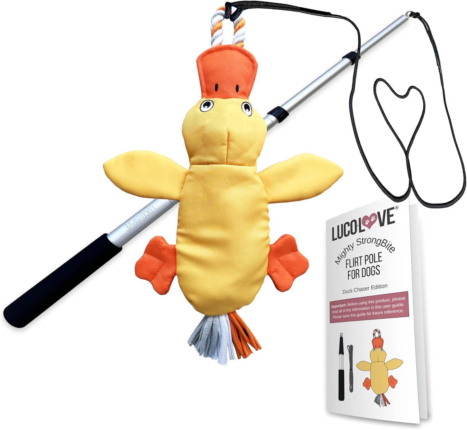 Lucolove raccoon chaser edition dog toy laid flat showcasing full length extension components