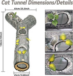 Collapsible indoor cat tube maze with realistic bark pattern and green leaves