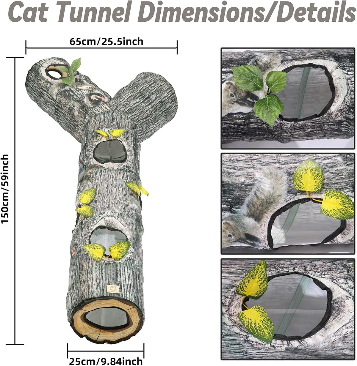 Collapsible indoor cat tube maze with realistic bark pattern and green leaves