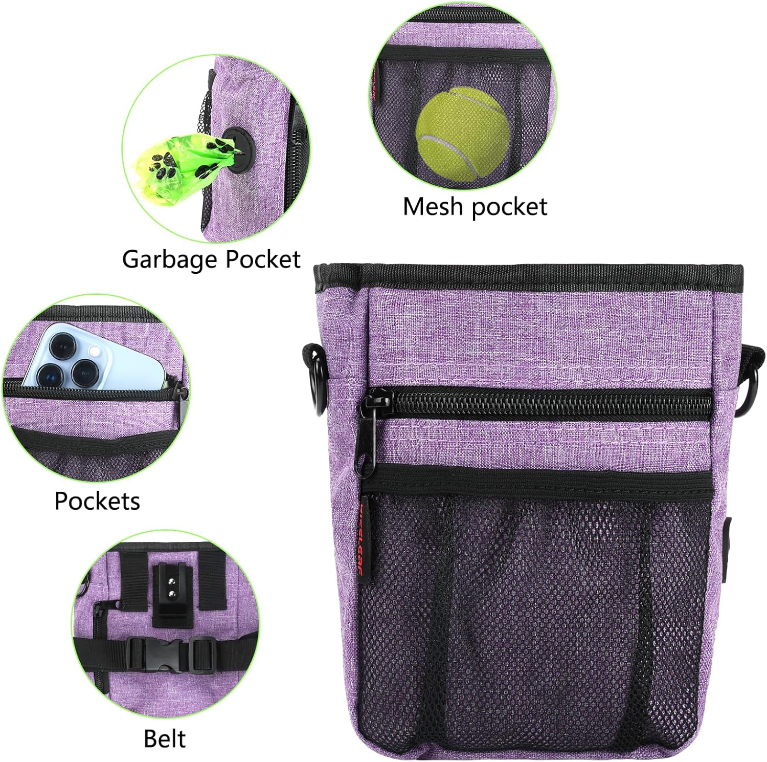 Kissleaf purple dog reward pouch with waist strap attached