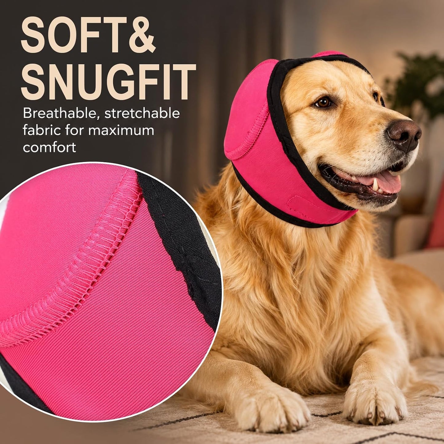 Pet anxiety relief head wrap used during a dog grooming session.