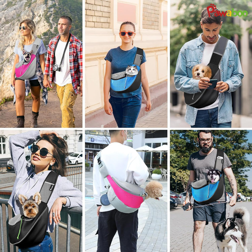 Side view of Pawaboo crossbody satchel dog purse for hiking