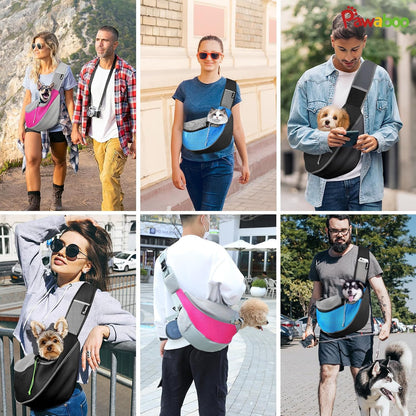 Side view of Pawaboo crossbody satchel dog purse for hiking