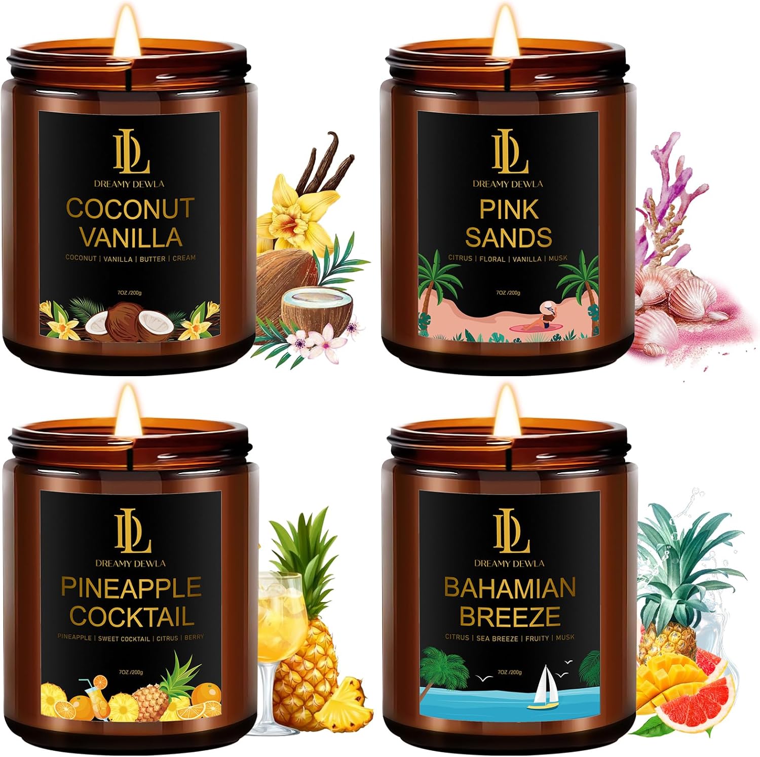 DL Dreamy Dewla Scented Candles 4 Pack set front view featuring amber jars.