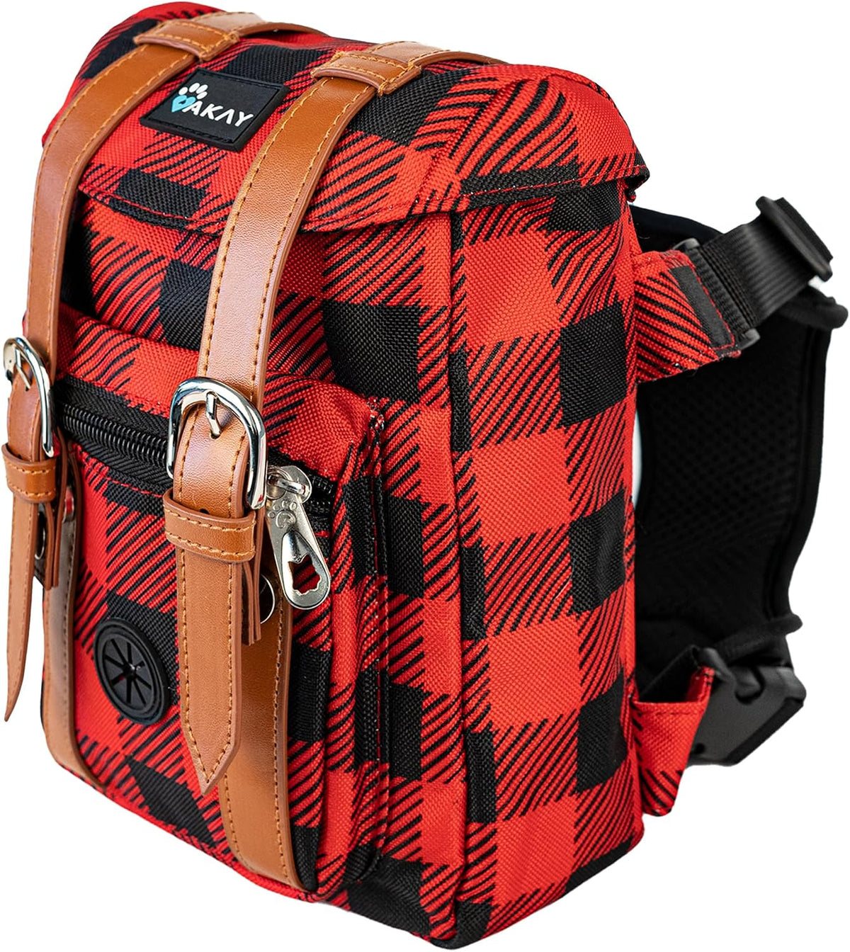 AKAY pet harness backpack combo with attached red leash lifestyle view