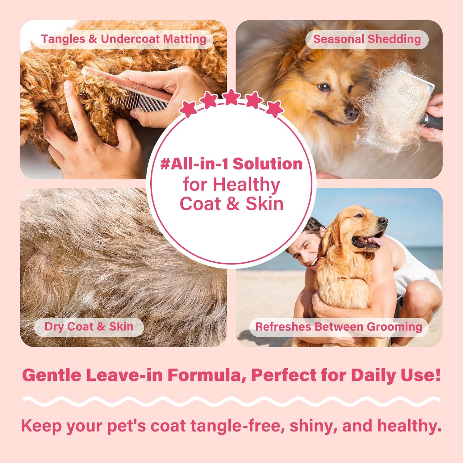 GJYC PET dematting spray being applied to a long-coated dog to dissolve stubborn knots.