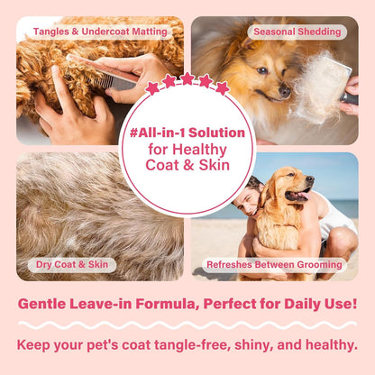 GJYC PET dematting spray being applied to a long-coated dog to dissolve stubborn knots.