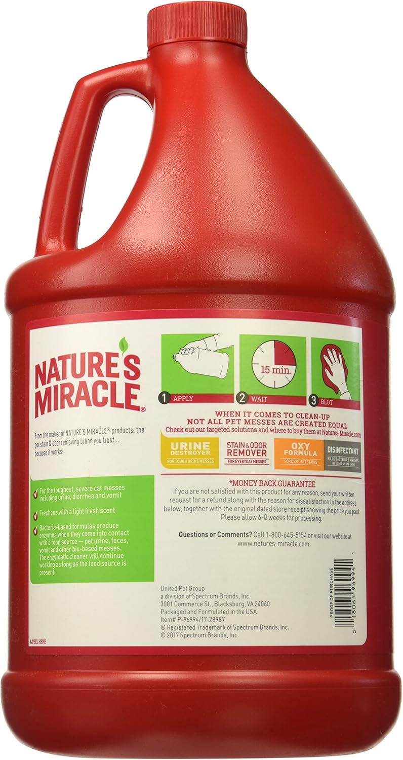 Nature's Miracle enzymatic cleaner bottle label close up showing cat formula details