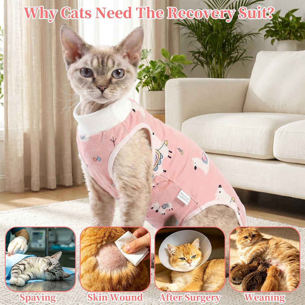 Close up of cat recovery suit showing secure fasteners and comfortable design