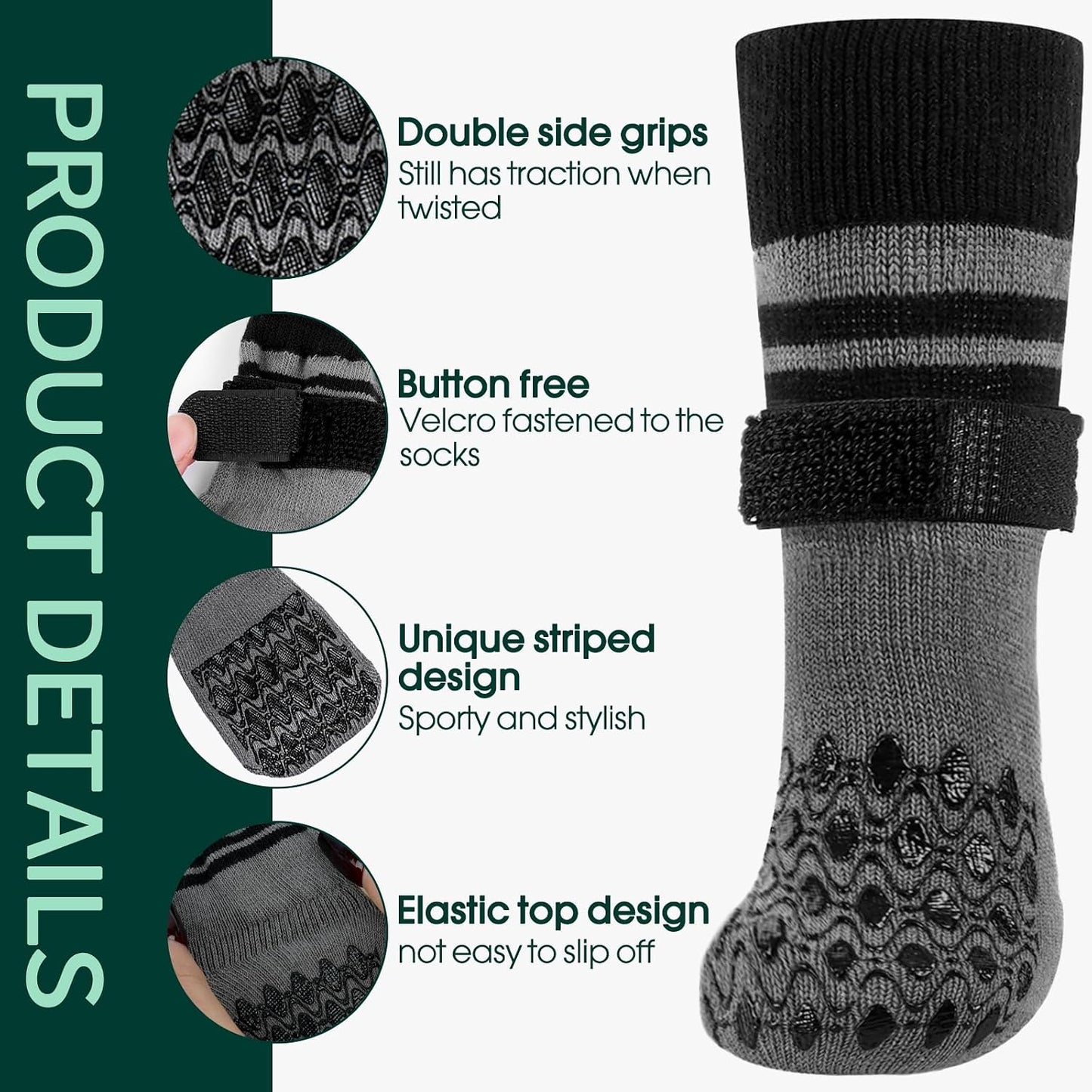 Dog wearing Kuoser black and gray striped paw protector socks.