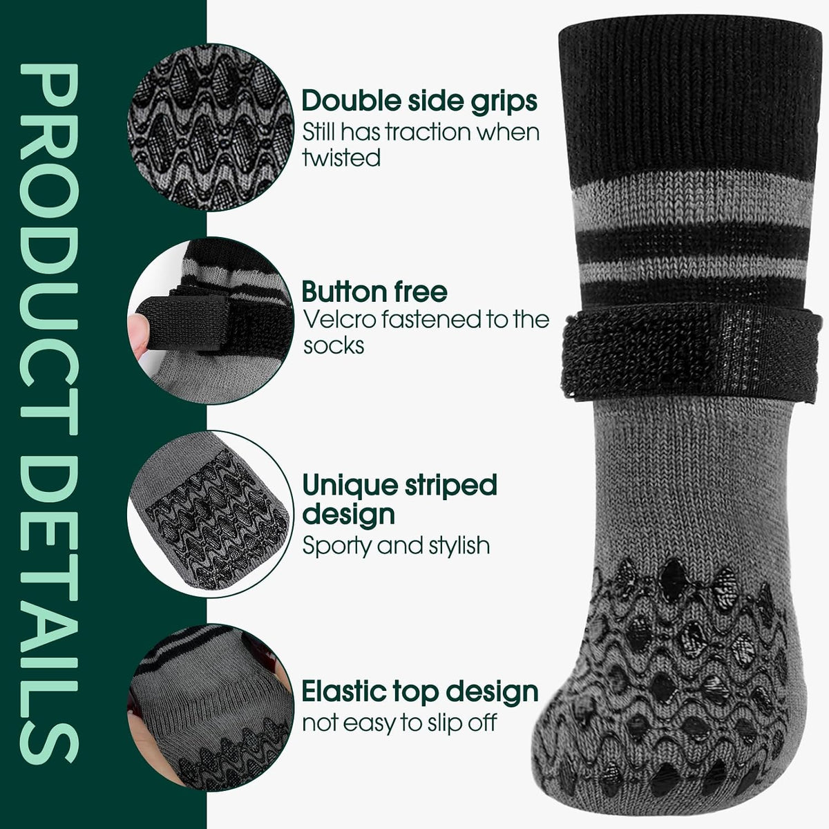 Dog wearing Kuoser black and gray striped paw protector socks.