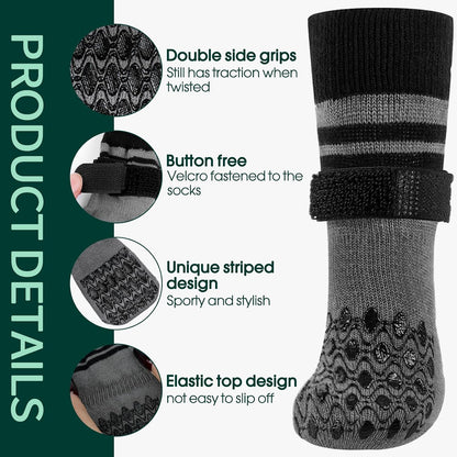 Dog wearing Kuoser black and gray striped paw protector socks.