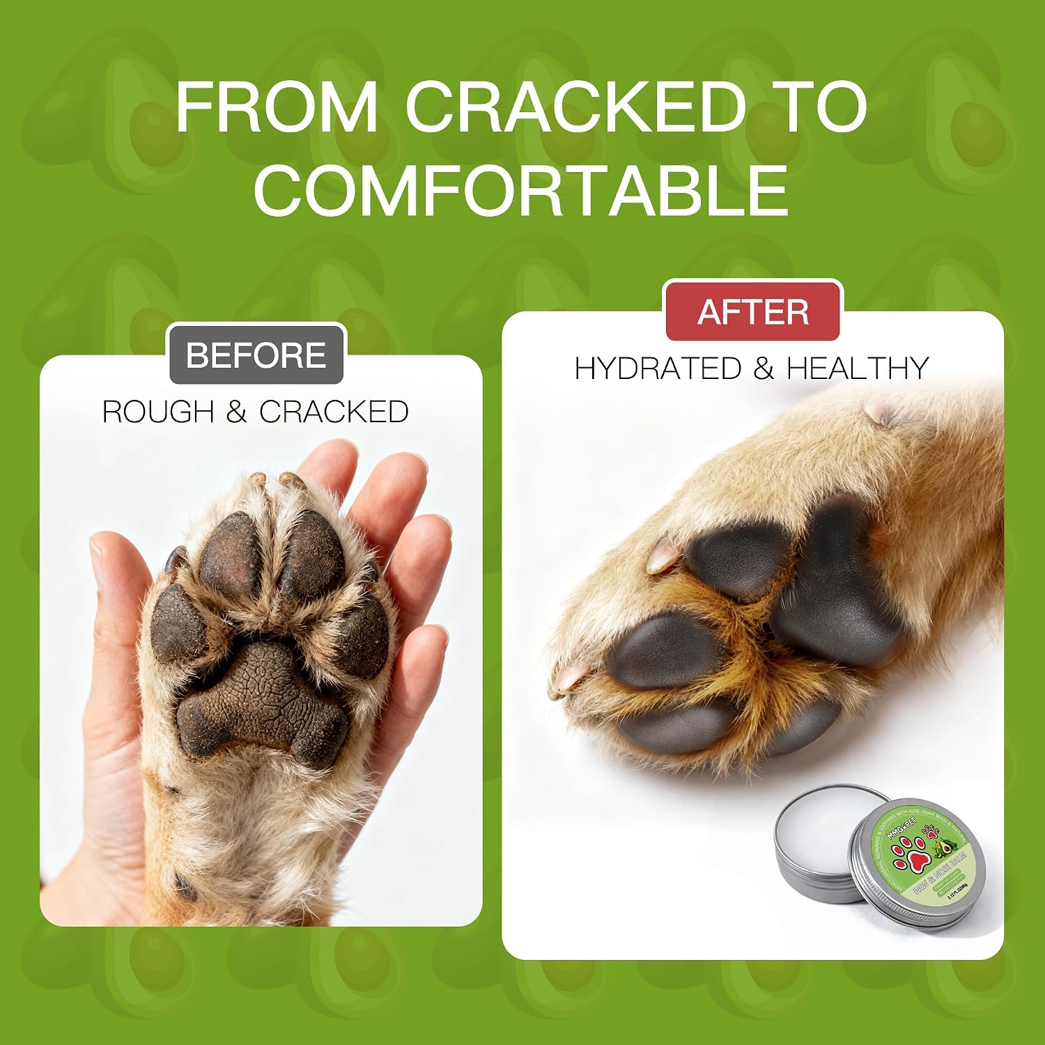 Pet paw balm with avocado oil and witch hazel ingredients