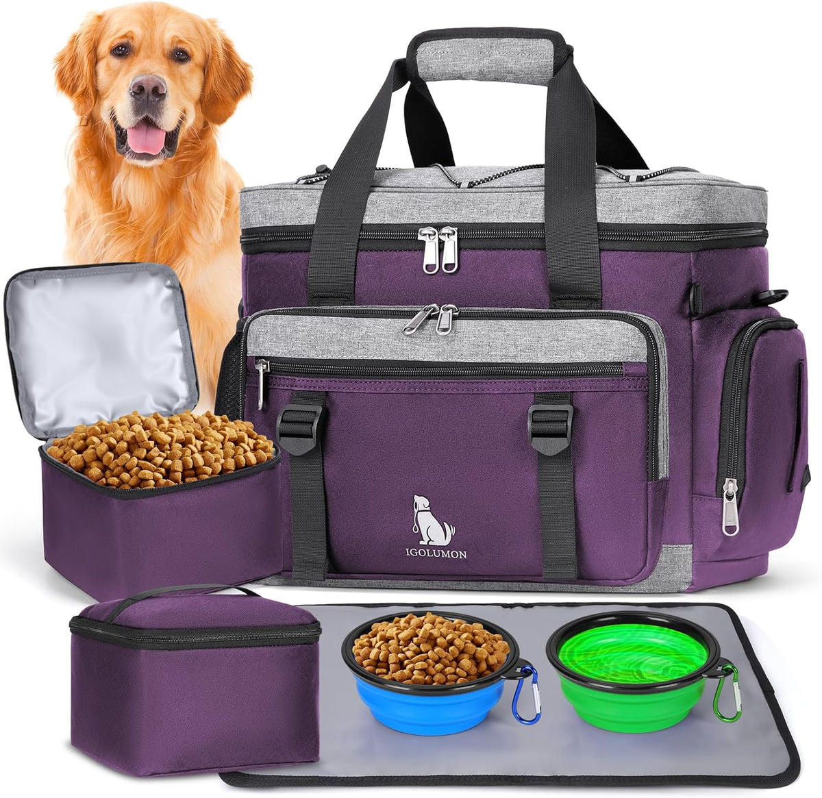 IGOLUMON Dog Travel Bag Large Pet Travel Bags Set for Supplies Weekend Travel Kit Tote Organizer Multi-Pockets Food Travel Bag with 2 Extra Large Food Containers, 2 Dog Bowls, 1 Feeding Mat - Image 9