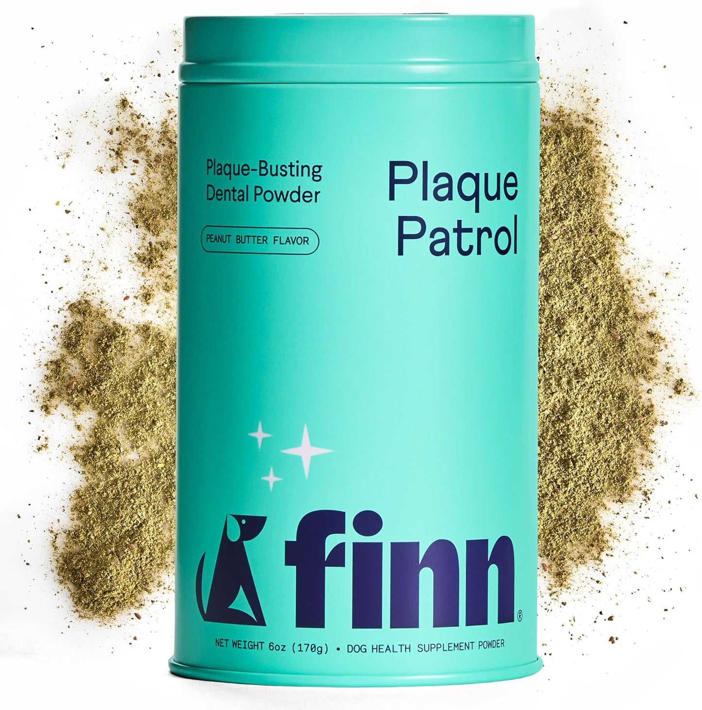 Finn Plaque Patrol Dental Powder for Dogs 6 Ounce front view teal tin