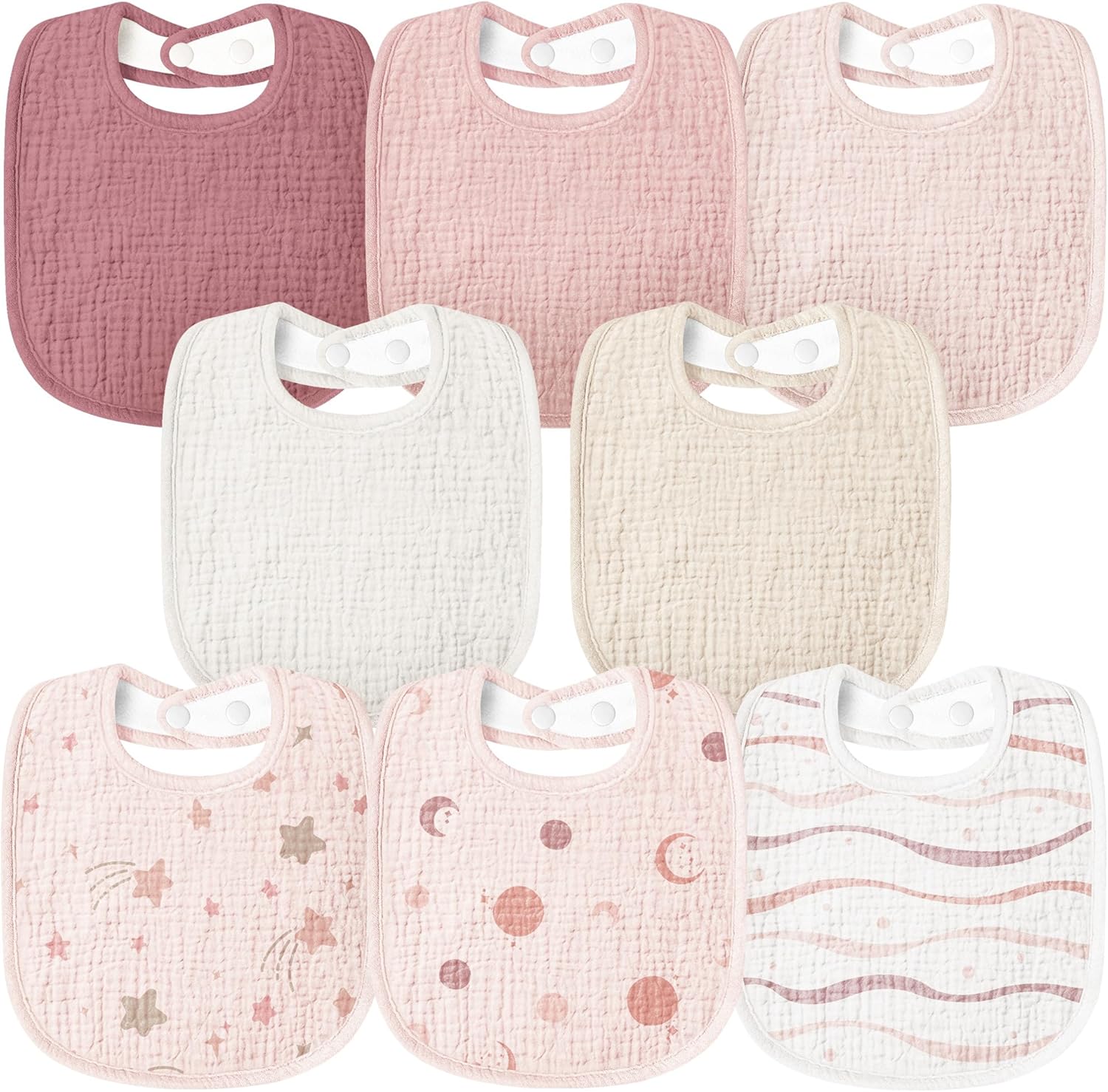 Susurration Muslin Baby Bibs 8 Pack front view with various colors