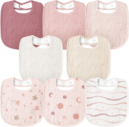 Susurration Muslin Baby Bibs 8 Pack front view with various colors