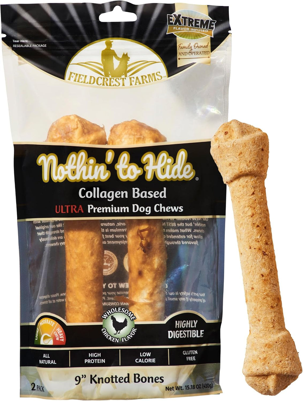 Fieldcrest Farms Nothin' to Hide Ultra Knotted Bones - Collagen-Based Rawhide Alternative Dog Chews, Beef Flavor, Highly Digestible for Aggressive Chewers up to 35 lbs, 9-Inch, 2 Pack - Image 13