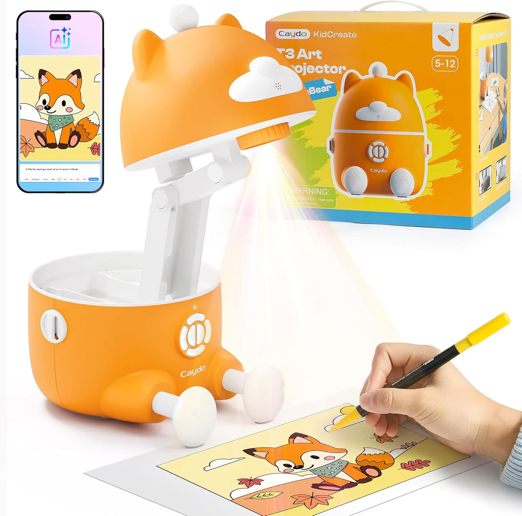 Caydo T3 Smart AI Drawing Projector front view showing child friendly orange bear design