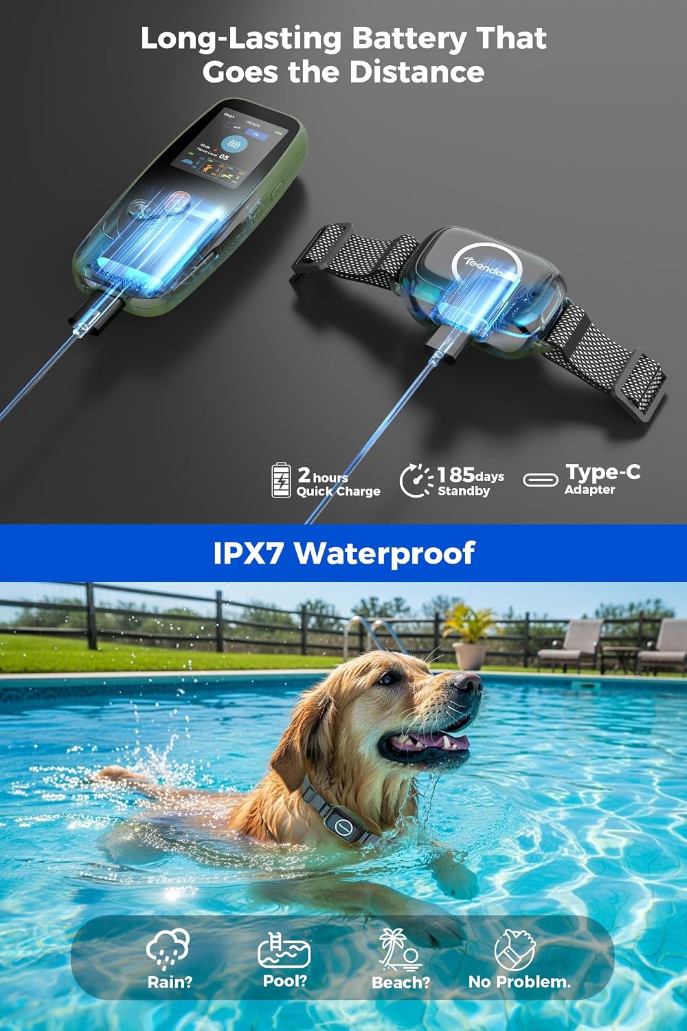 Teendow IPX7 waterproof collar unit demonstrating durable outdoor construction
