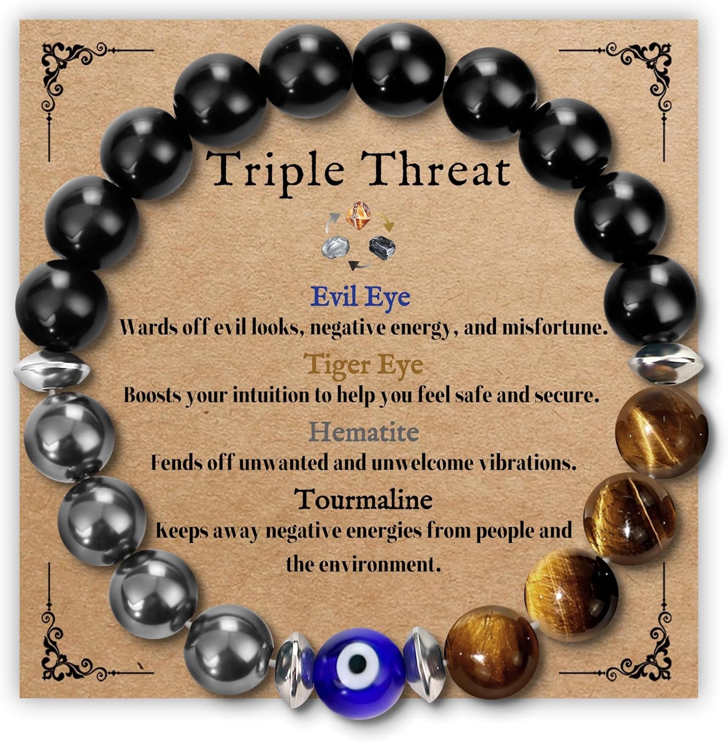 SmileBelle Triple Protection Bracelet for Men front view showing black tourmaline and tiger eye beads.
