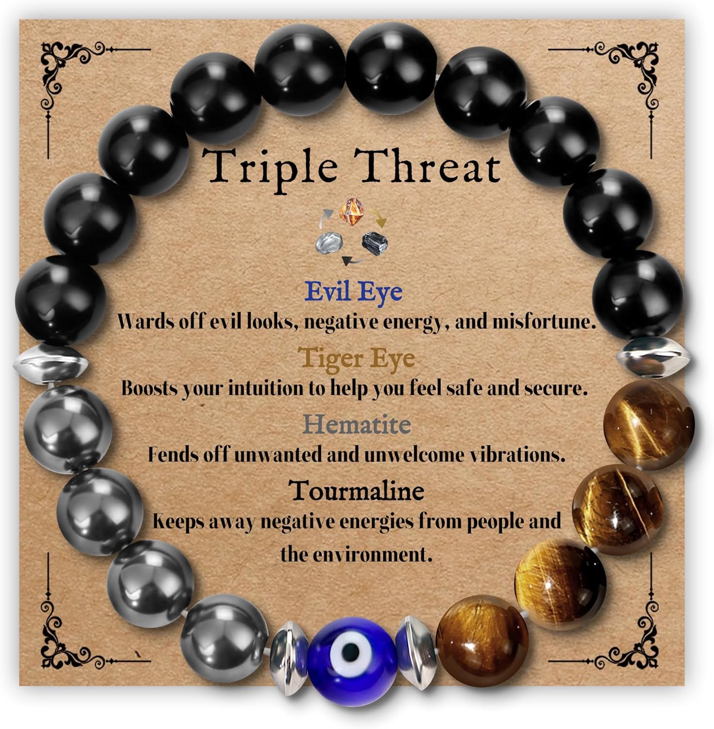 SmileBelle Triple Protection Bracelet for Men front view showing black tourmaline and tiger eye beads.