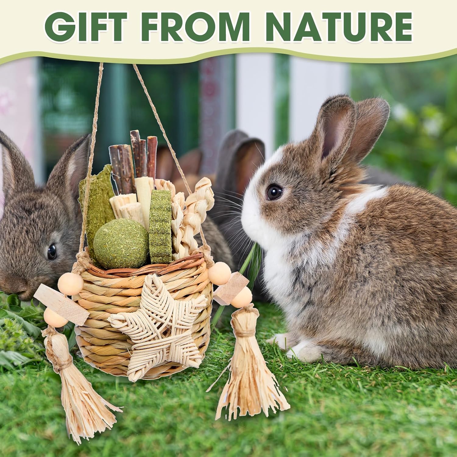Natural seagrass woven pet basket filled with edible timothy hay sticks for rabbits