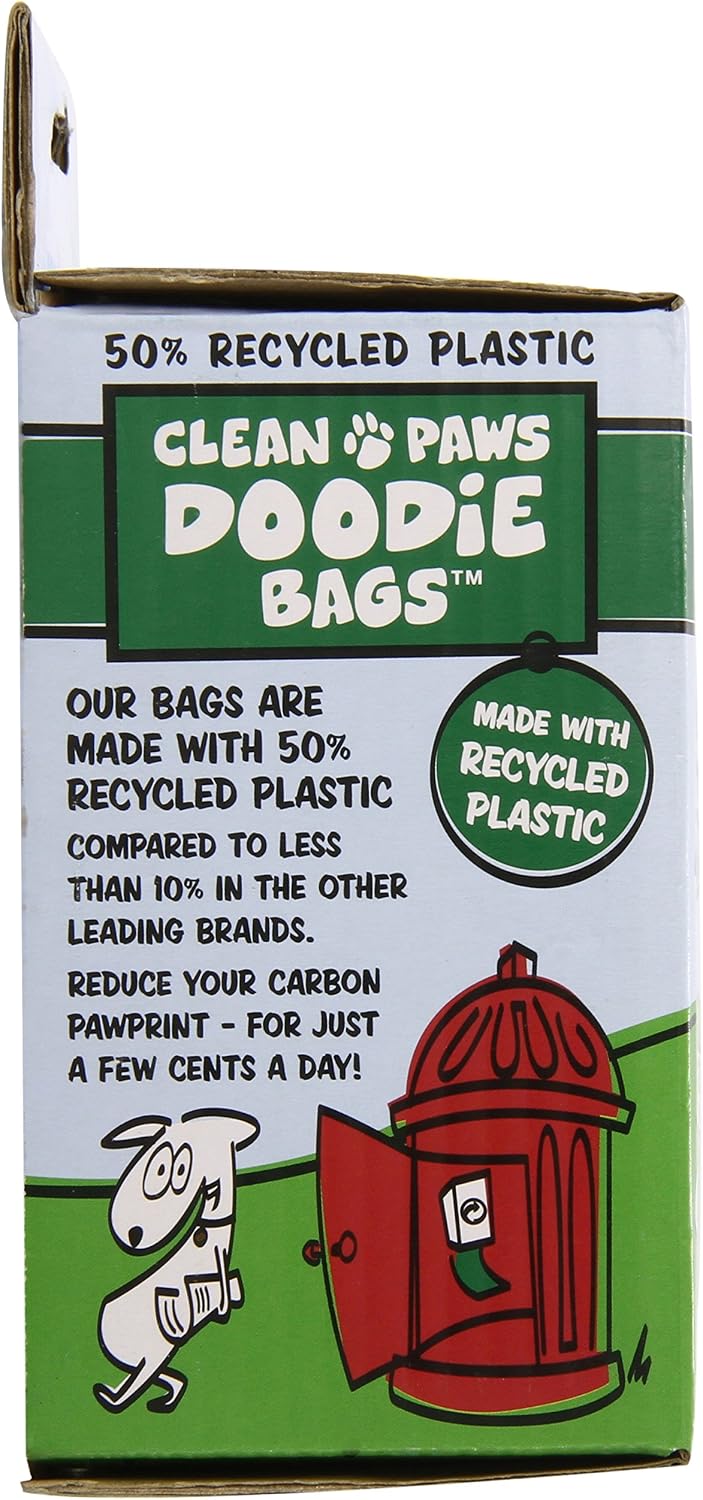 Large capacity green pet cleanup bags on recycled paper cores.