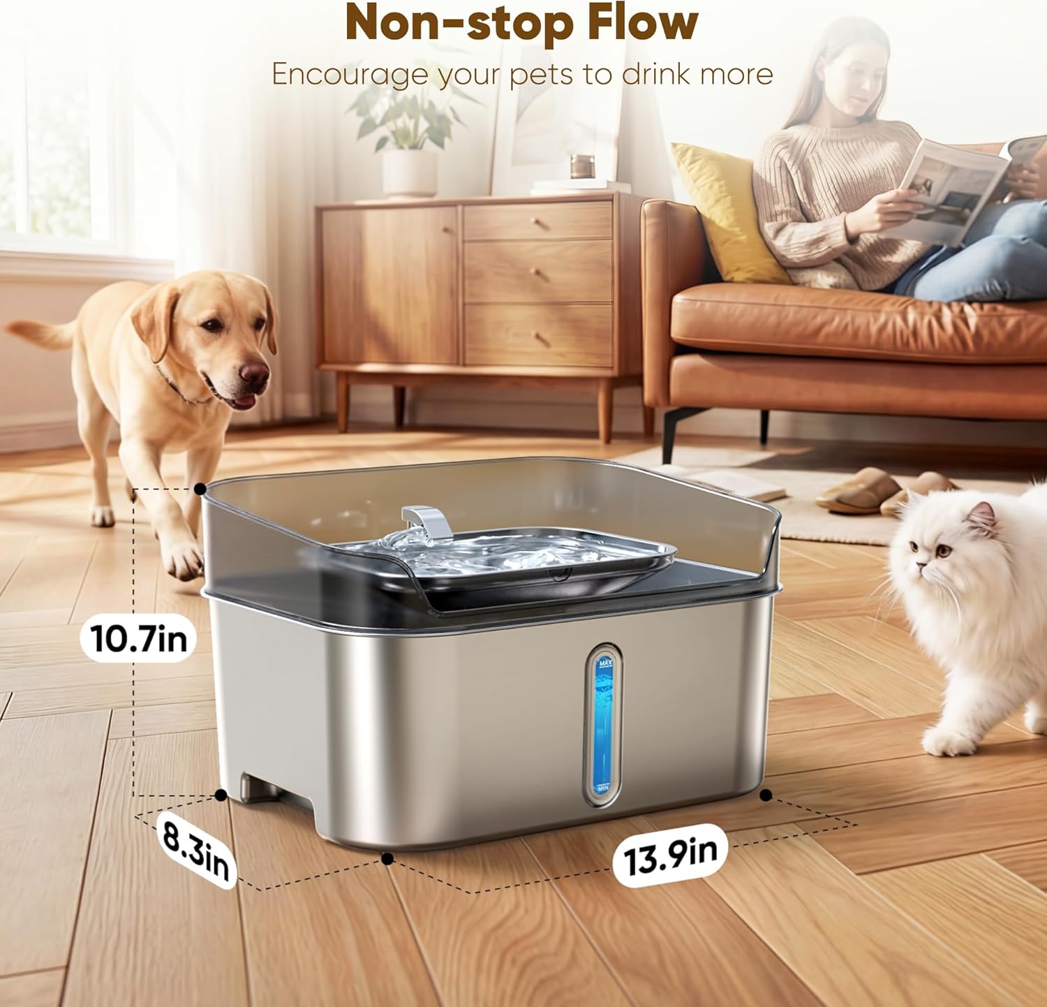 Lifestyle shot of large dog drinking from Sharlovy automatic fountain