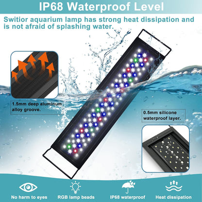 Switior programmable aquarium light displaying multiple color modes including red green and blue spectrums.