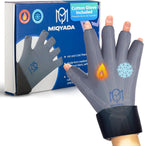 Miqyada hot and cold therapy ice pack glove front view showing premium black lycra fabric structure.