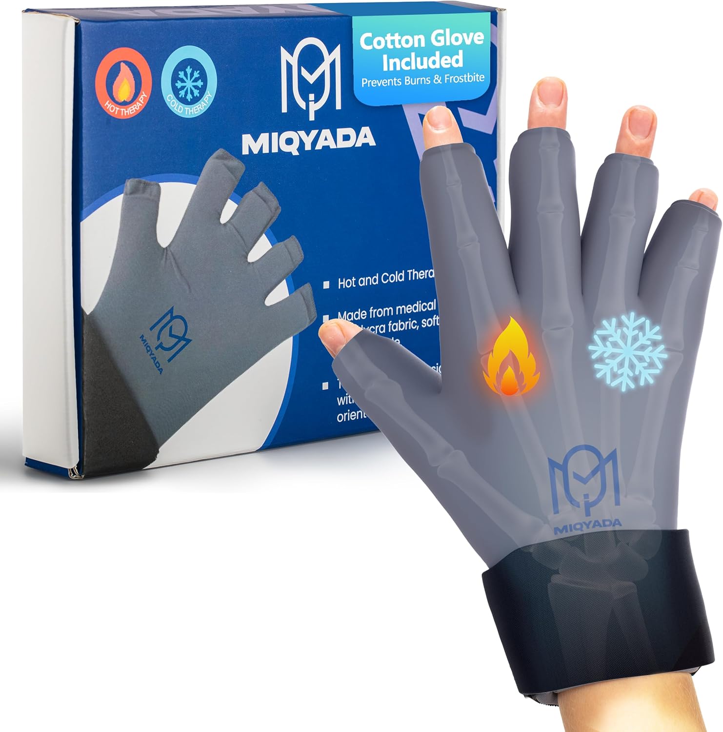 Miqyada hot and cold therapy ice pack glove front view showing premium black lycra fabric structure.