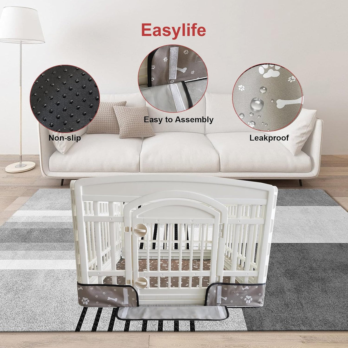 Puppy standing on gray Laozz exercise pen bottom mat