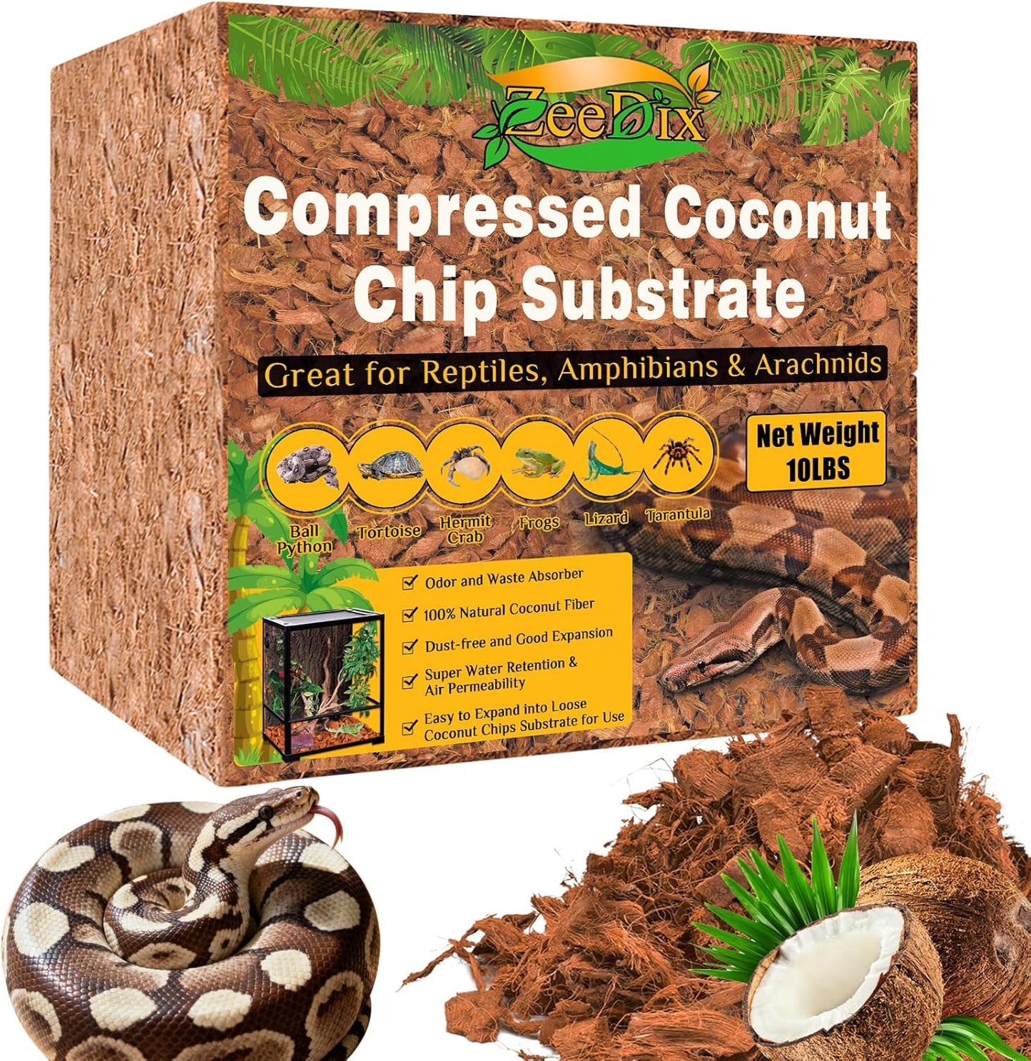 ZeeDix Coconut Husk Chip Substrate 10 pounds compressed brick front packaging view