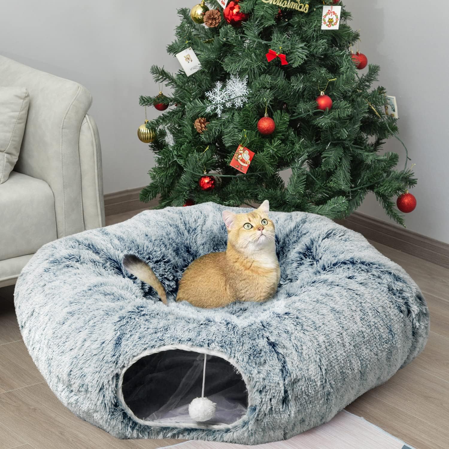 AUOON Cat Tunnel Bed for Indoor Cats - Large Cat Donut Tunnel with Hanging Ball Toy, Collapsible 2-in-1 Multifunctional Interactive Cat Toy for Kitten, Puppy, Rabbit, Ferret (Light Grey) - Image 11