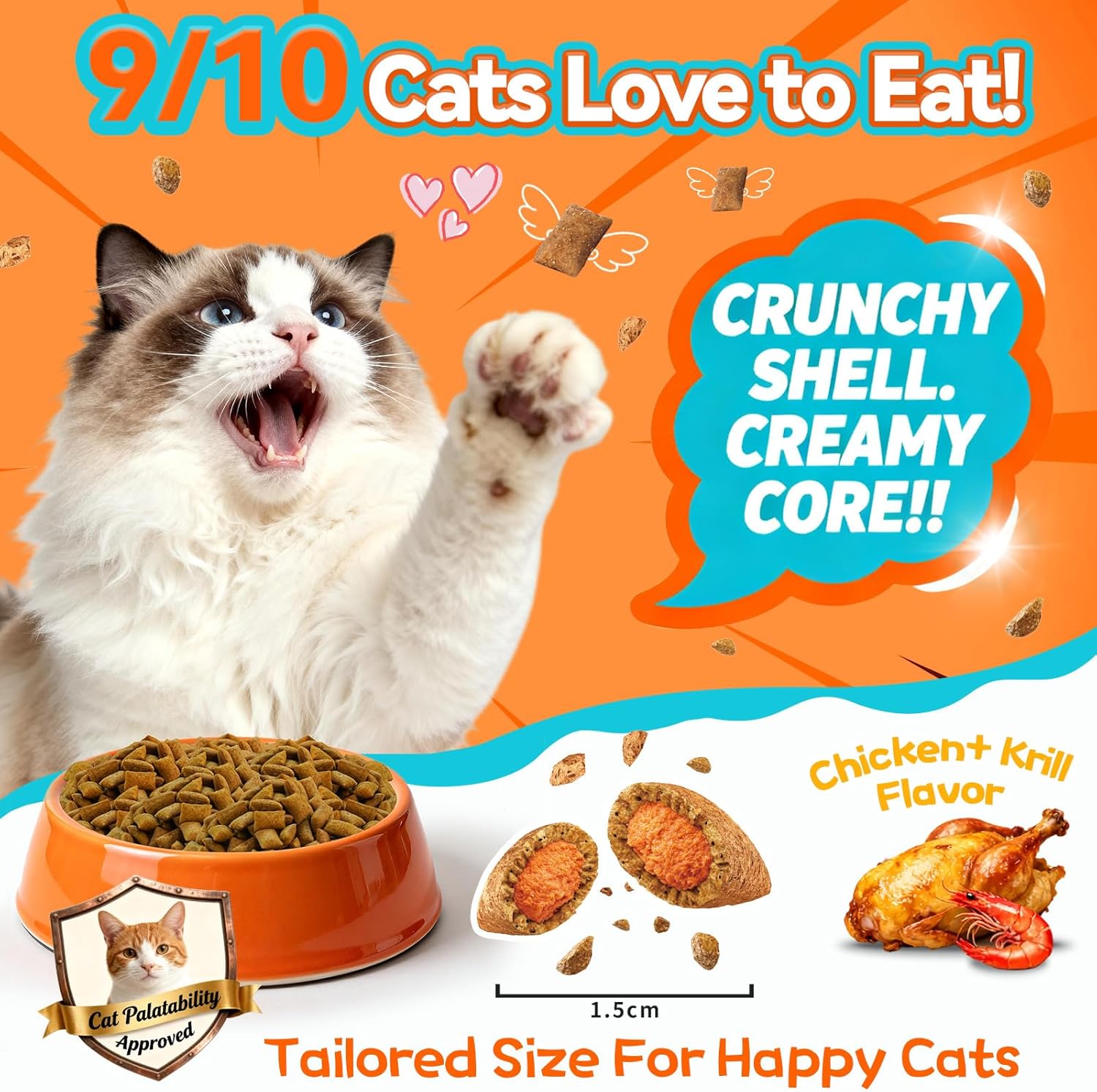 Dual texture crunchy and creamy chicken and krill flavor cat treats close up
