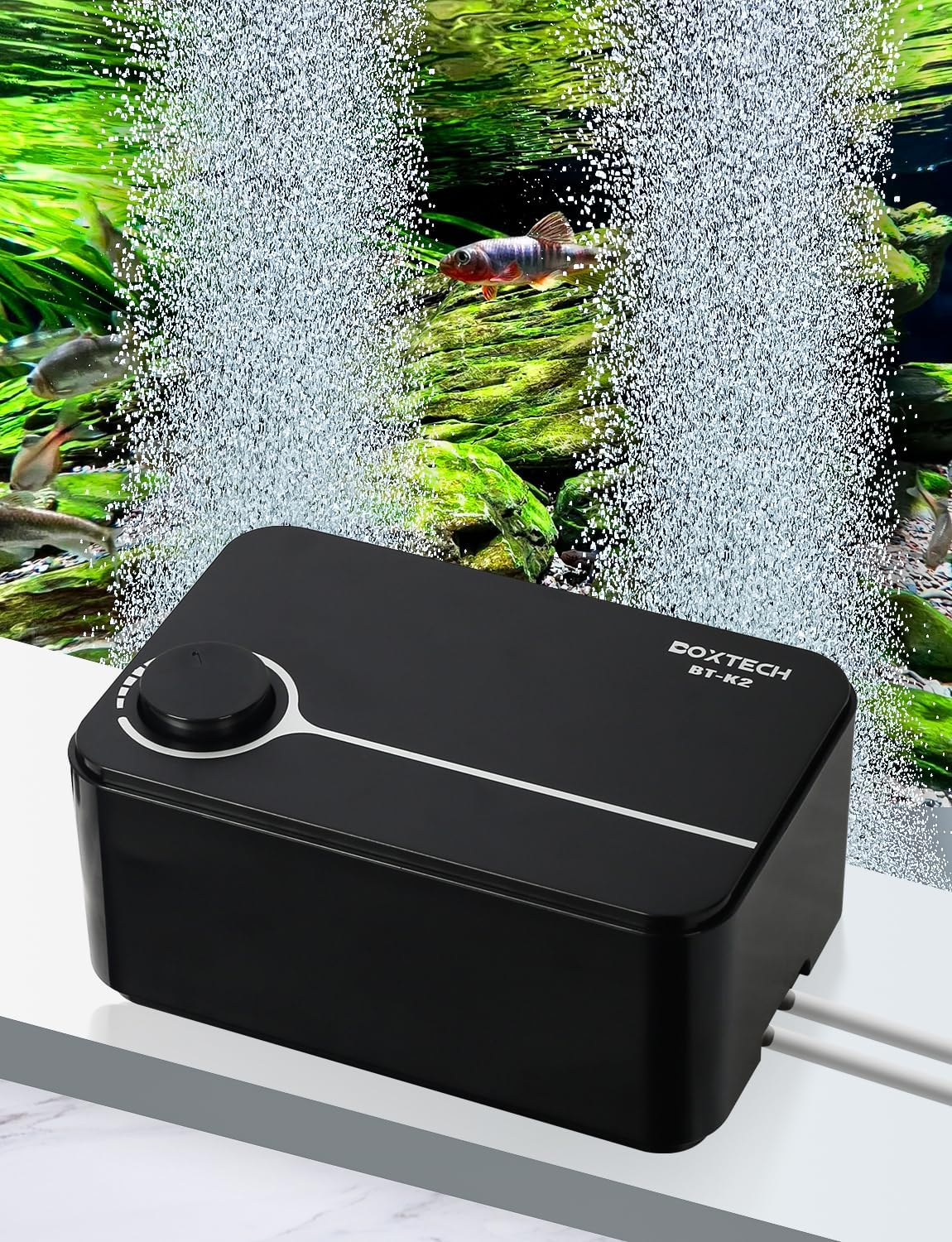 UPETTOOLS ultra quiet fish tank aerator displaying the eight vibration absorbing rubber feet