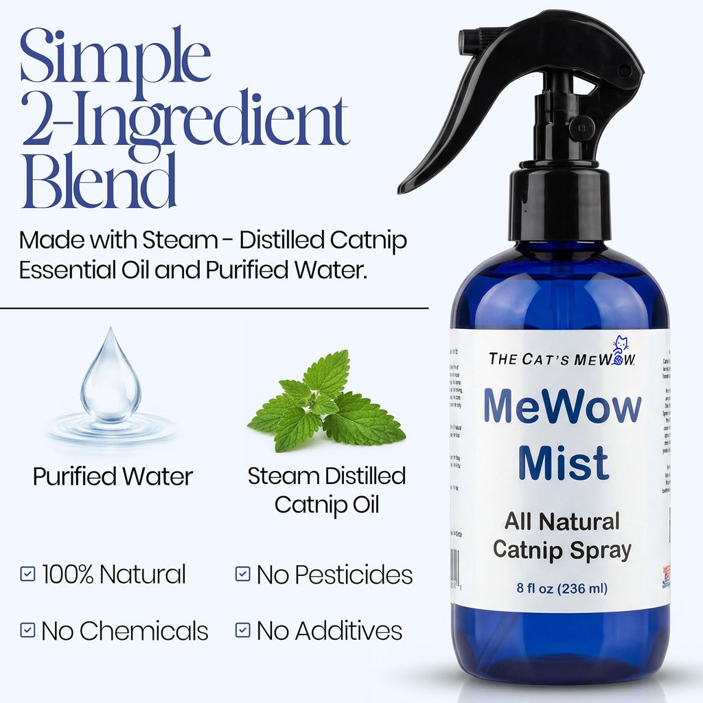 Natural catnip spray bottle being applied to a plush feline kicker toy