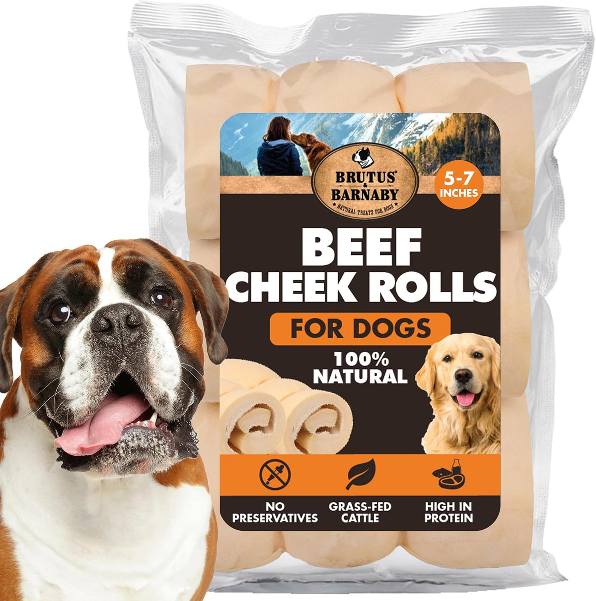 Brutus & Barnaby Premium Beef Cheek Rolls Pack front view of natural dog treats