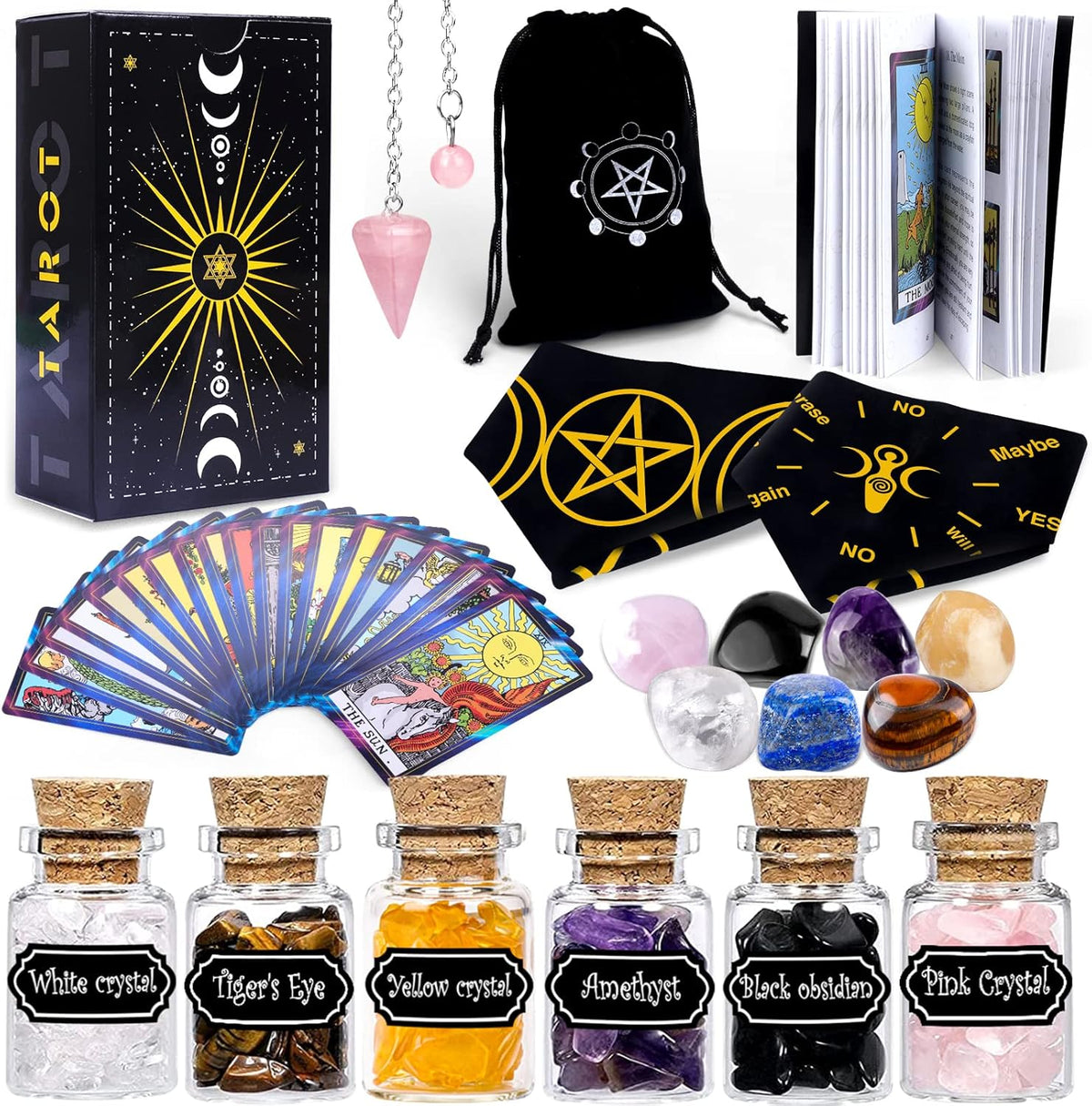 YixangDD Tarot Cards 18-Piece Starter Kit front view showing all components.