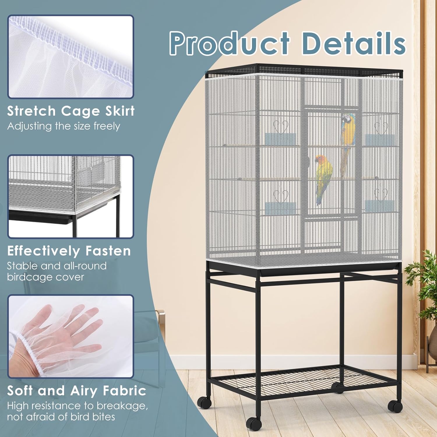 Close up view of the breathable white nylon mesh fabric on bird cage guard
