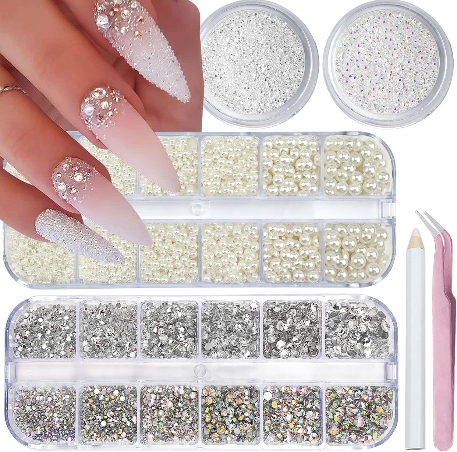 Votacos 4 boxes flatback rhinestones and pearls nail charm set front view