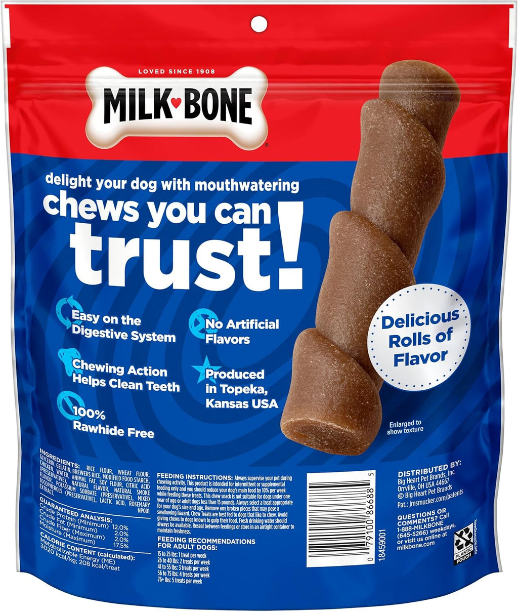 Milk-Bone rawhide free dog chew roll showing the texture and chicken ingredient details