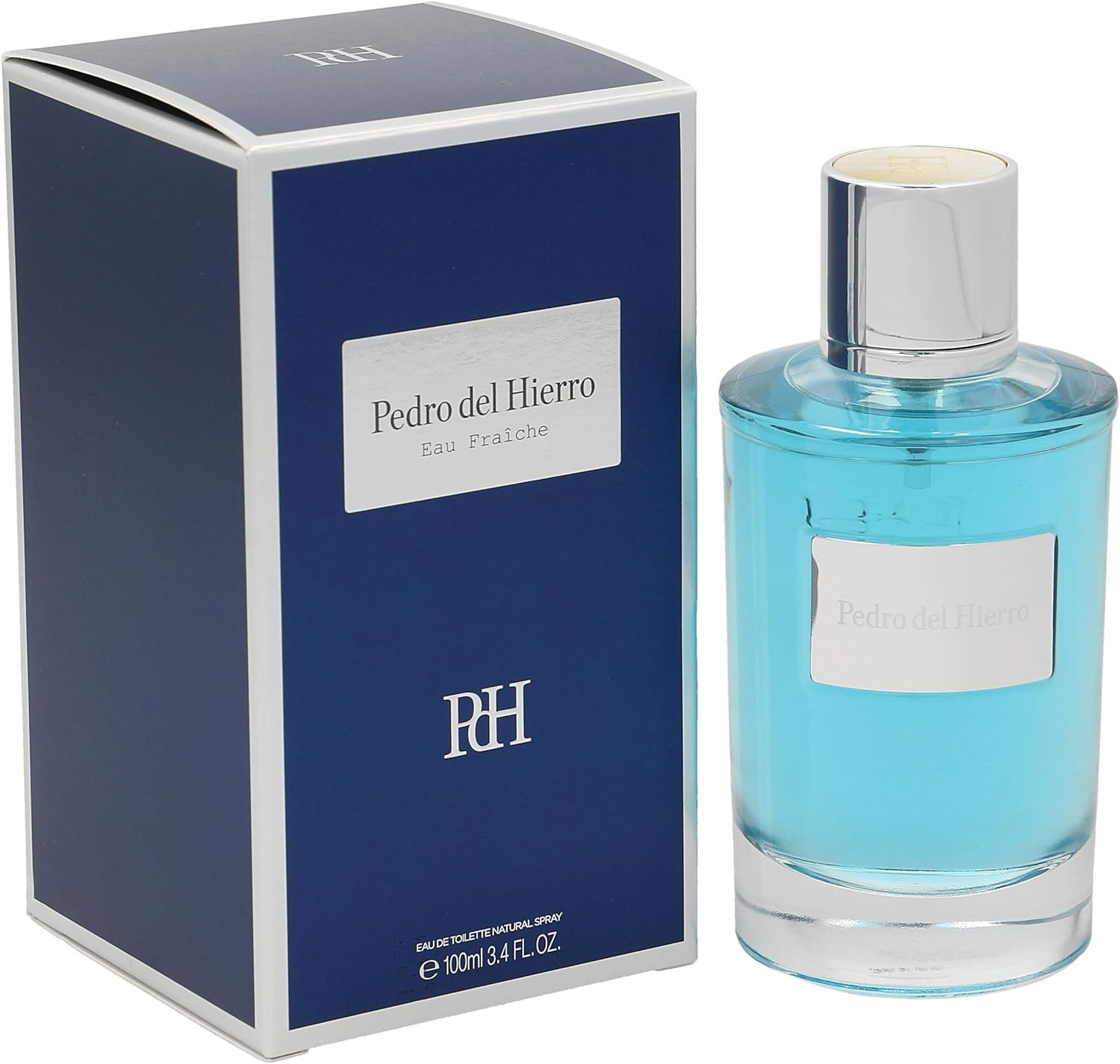 Pedro del Hierro PDH Eau Fraiche men perfume front view showcasing the blue glass bottle